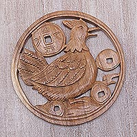 Wood wall relief panel, 'Lucky Hen' - Lucky Hen and Chinese Coin Wood Wall Relief Panel
