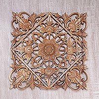 Wood wall relief panel, 'Full Bloom Lotus' - Square Suar Wood Wall Relief Panel with Floral Motifs