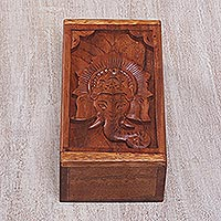 Decorative wood box, 'Ganesha Pride' - Carved Wood Trinket Box with Ganesha Motif on Lid