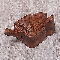 Wood puzzle box, 'Gliding Turtle' - Turtle Motif Wood Puzzle Box Hand Carved in Bali