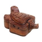 Wood puzzle box, 'Gliding Turtle' - Turtle Motif Wood Puzzle Box Hand Carved in Bali
