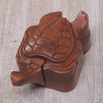 Wood puzzle box, 'Gliding Turtle' - Turtle Motif Wood Puzzle Box Hand Carved in Bali
