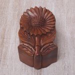 Wood puzzle box, 'Sunflower Secret' - Hand Carved Wood Sunflower Puzzle Box from Bali