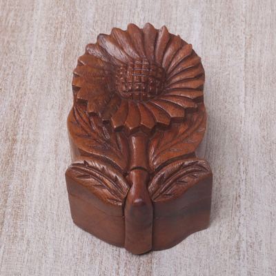 Wood puzzle box, 'Sunflower Secret' - Hand Carved Wood Sunflower Puzzle Box from Bali