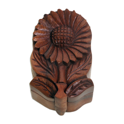 caja de rompecabezas de madera - Caja de rompecabezas de girasol de madera tallada a mano de Bali