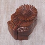 Wood puzzle box, 'Sunflower Secret' - Hand Carved Wood Sunflower Puzzle Box from Bali