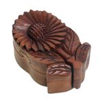 Wood puzzle box, 'Sunflower Secret' - Hand Carved Wood Sunflower Puzzle Box from Bali