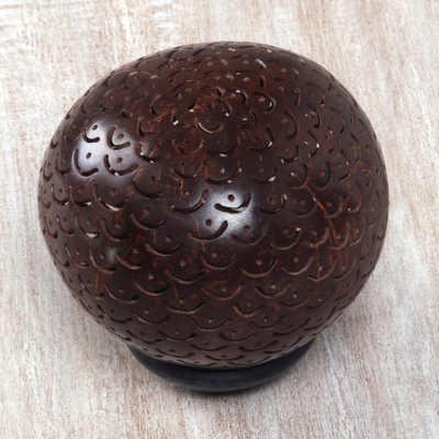 Coconut shell sculpture, 'Scalloped Dome' - Handmade Carved Albesia Wood Coconut Shell Sculpture