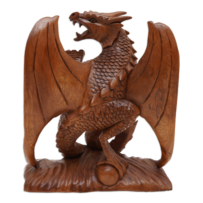 Escultura de madera - Escultura de dragón de madera de suar tallada a mano de Bali