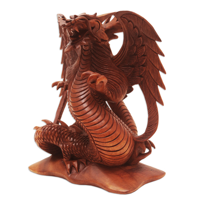 Wood statuette, 'Fierce Dragon' - Detailed Wood Sculpture of Fierce Dragon from Bali