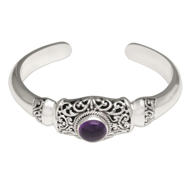 Amethyst cuff bracelet, 'Vine Shrine' - Amethyst Cabochon Cuff Bracelet in Sterling Silver