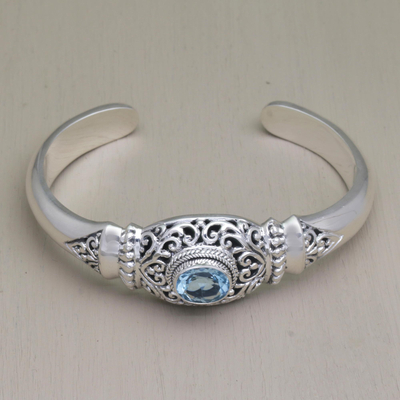 Blue topaz cuff bracelet, 'Vine Temple' - Four Carat Blue Topaz and Silver Cuff Bracelet