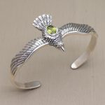 Peridot cuff bracelet, 'Spirit Hawk' - Peridot Hawk Motif Cuff Bracelet in Sterling Silver