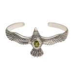 Peridot cuff bracelet, 'Spirit Hawk' - Peridot Hawk Motif Cuff Bracelet in Sterling Silver
