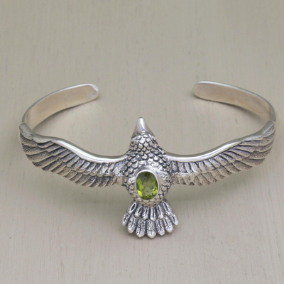 Peridot cuff bracelet, 'Spirit Hawk' - Peridot Hawk Motif Cuff Bracelet in Sterling Silver