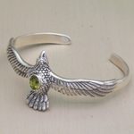 Peridot cuff bracelet, 'Spirit Hawk' - Peridot Hawk Motif Cuff Bracelet in Sterling Silver
