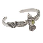 Peridot cuff bracelet, 'Spirit Hawk' - Peridot Hawk Motif Cuff Bracelet in Sterling Silver