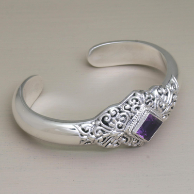Amethyst cuff bracelet, 'Diamond Temple' - Four Carat Amethyst and Sterling Silver Cuff Bracelet