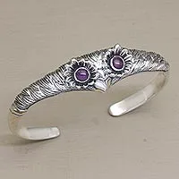 Amethyst cuff bracelet, 'Always Watching' - Women's Owl Cuff Bracelet with Amethysts in Sterling Silver