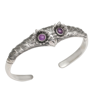 Amethyst cuff bracelet, 'Always Watching' - Women's Owl Cuff Bracelet with Amethysts in Sterling Silver