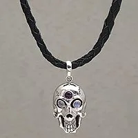 Rainbow moonstone and amethyst pendant necklace, 'Deadly Charm' - Rainbow Moonstone and Amethyst Skull Necklace from Indonesia