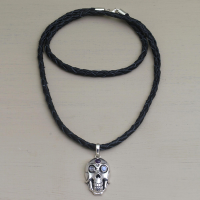 Rainbow moonstone and amethyst pendant necklace, 'Deadly Charm' - Rainbow Moonstone and Amethyst Skull Necklace from Indonesia