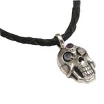 Rainbow moonstone and amethyst pendant necklace, 'Deadly Charm' - Rainbow Moonstone and Amethyst Skull Necklace from Indonesia