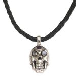 Rainbow moonstone and amethyst pendant necklace, 'Deadly Charm' - Rainbow Moonstone and Amethyst Skull Necklace from Indonesia