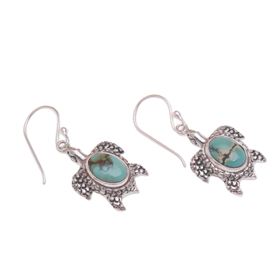 Sterling silver dangle earrings, 'Turtle Pond' - Reconstituted Turquoise Turtle Earrings in Sterling Silver
