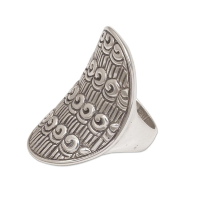 Sterling silver cocktail ring, 'Samsi Shield' - Buddhist Motif Sterling Silver Cocktail Ring from Bali