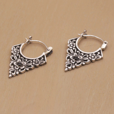 Sterling silver hoop earrings, 'Floral Points' - Floral Pointed Sterling Silver Hoop Earrings from Bali