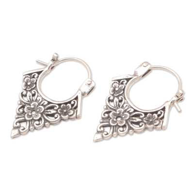Sterling silver hoop earrings, 'Floral Points' - Floral Pointed Sterling Silver Hoop Earrings from Bali