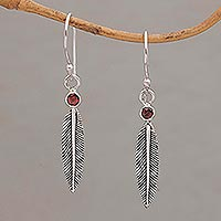 Garnet dangle earrings, 'Phoenix Feathers' - Garnet Feather-Shaped Dangle Earrings from Bali