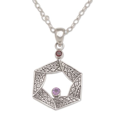 Garnet and amethyst pendant necklace, 'Songket Hex' - Garnet and Amethyst Songket Motif Pendant Necklace from Bali