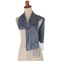 Silk batik scarf, 'Lovely Maze' - Blue and Black Maze Silk Scarf with Fringe and Gift Box