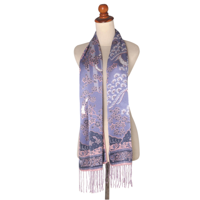 Silk batik scarf, 'Jasmine Mystery' - Lilac Floral Branch Silk Scarf with Fringe and Wood Gift Box
