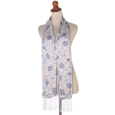 Silk batik scarf, 'Mystic Tundra' - Lavender Floral Silk Scarf with Fringe and Wood Gift Box
