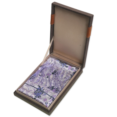 Silk batik scarf, 'Mystic Tundra' - Lavender Floral Silk Scarf with Fringe and Wood Gift Box