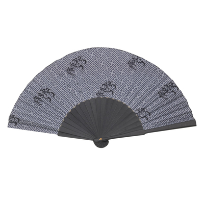Silk batik fan, 'Bali Kingdom' - Exotic 100% Silk Batik Fan in Grey and Black