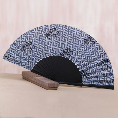 Silk batik fan, 'Bali Kingdom' - Exotic 100% Silk Batik Fan in Grey and Black