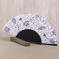 Silk batik fan, 'Flower Queen' - Lilac Floral Silk Batik Fan from Bali Artisans