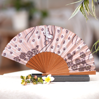 Silk batik fan, 'Bangli Springtime' - Pink Floral Hand Fan Crafted from Silk and Pinewood