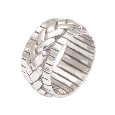 Sterling silver band ring, 'Move in Silence' - 925 Sterling Silver Handmade Woven Motif Band Ring