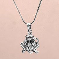 Sterling silver pendant necklace, 'Smiling Lutung' - Sterling Silver Lutung Monkey Pendant Necklace from Bali