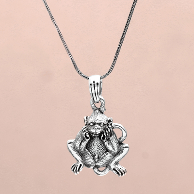 Sterling silver pendant necklace, 'Smiling Lutung' - Sterling Silver Lutung Monkey Pendant Necklace from Bali