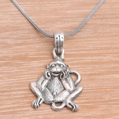 Sterling silver pendant necklace, 'Smiling Lutung' - Sterling Silver Lutung Monkey Pendant Necklace from Bali