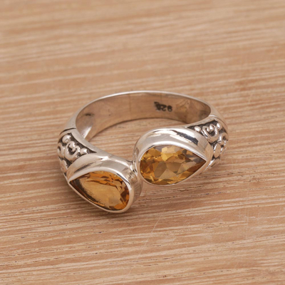 Citrine cocktail ring, 'Temple Tears' - Teardrop Citrine and Silver Cocktail Ring from Bali