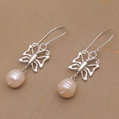 Cultured pearl dangle earrings, 'Butterfly Eden' - Cultured Pearl Butterfly Dangle Earrings from Bali