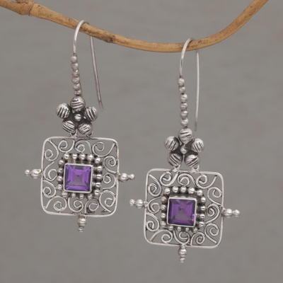 Amethyst dangle earrings, 'Floral Squares' - Floral Amethyst and Silver Dangle Earrings from Bali