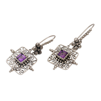 Amethyst dangle earrings, 'Floral Squares' - Floral Amethyst and Silver Dangle Earrings from Bali